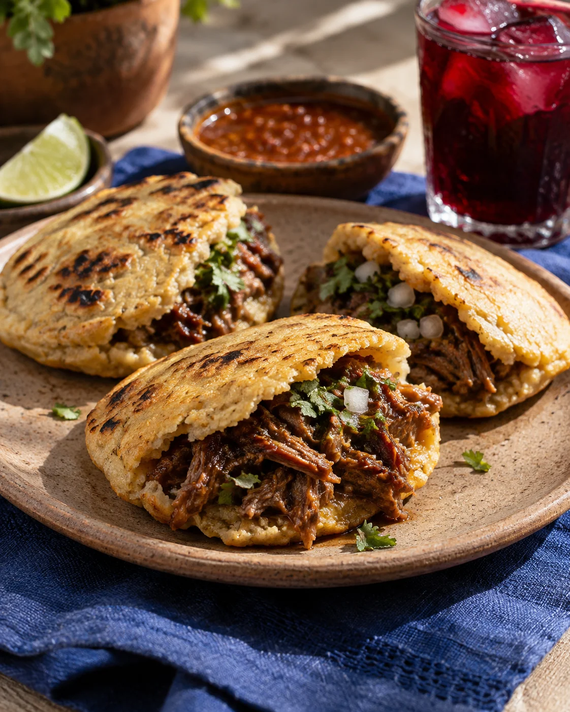 Conceptual food image of corn masa gorditas filled with guiso, served with salsa and agua de jamaica